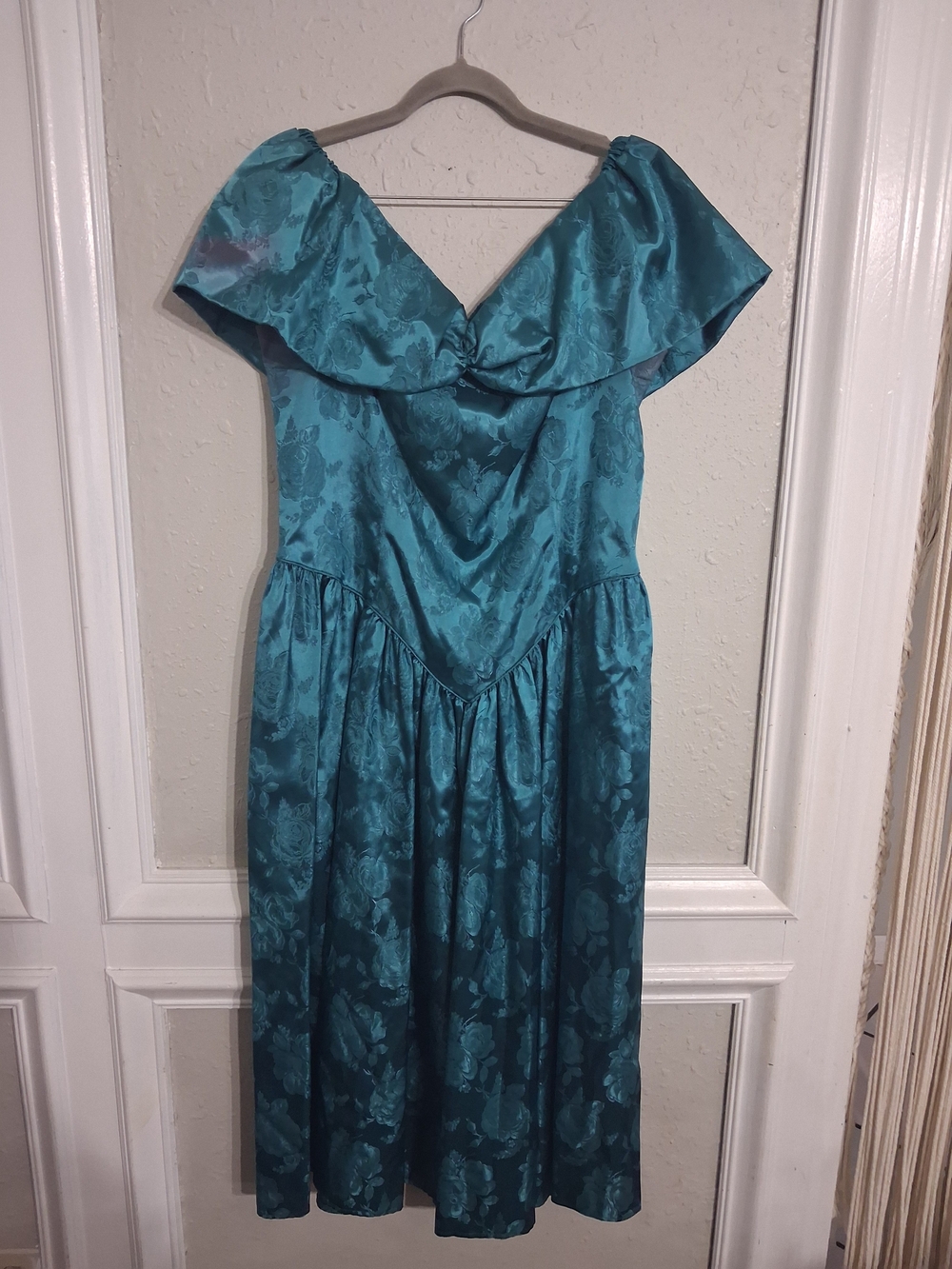 Vintage 80s Basque satin princess prom dress green floral plus 18